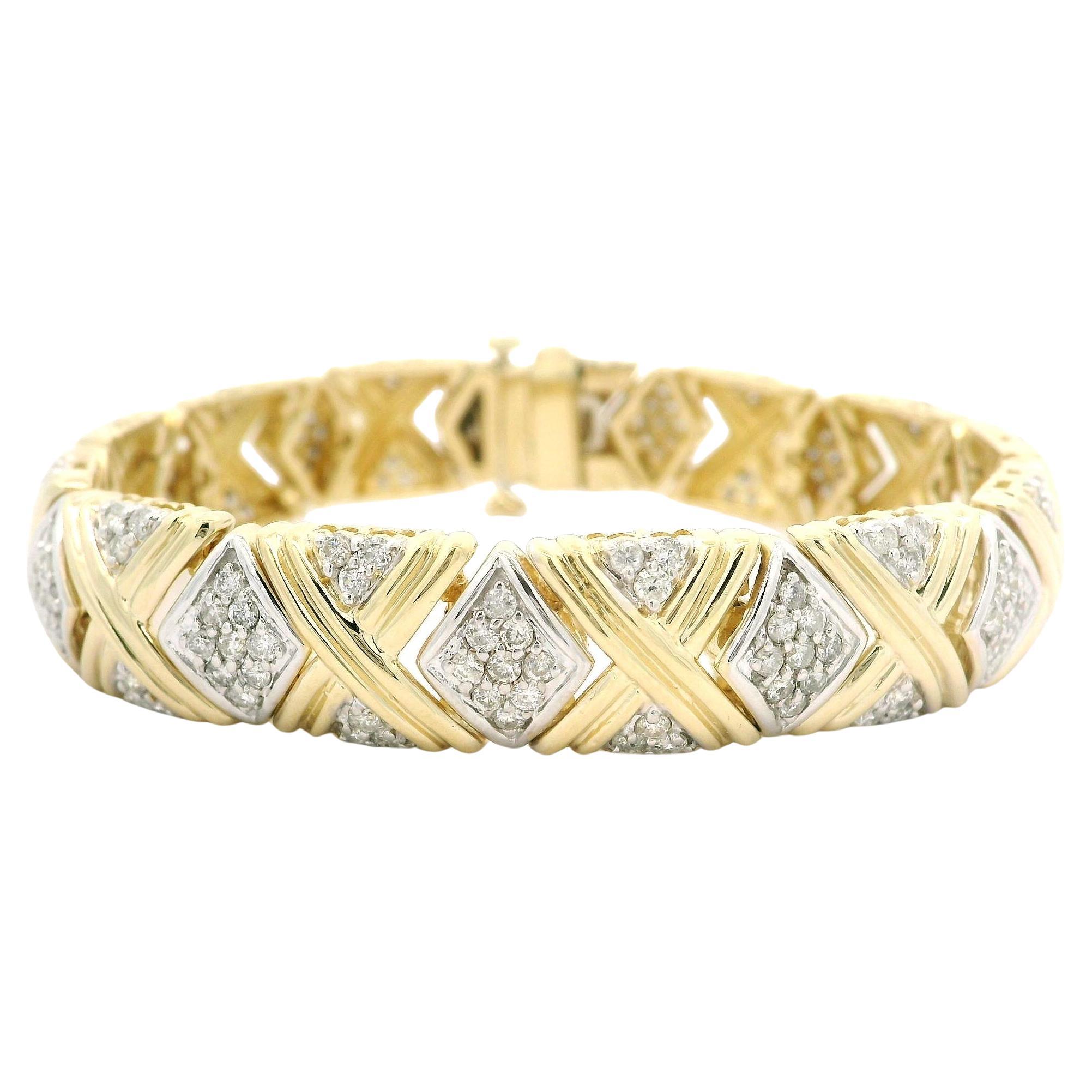 14k Yellow & White Gold 2.9ctw Diamond Wide Grooved X Link Geometric Bracelet