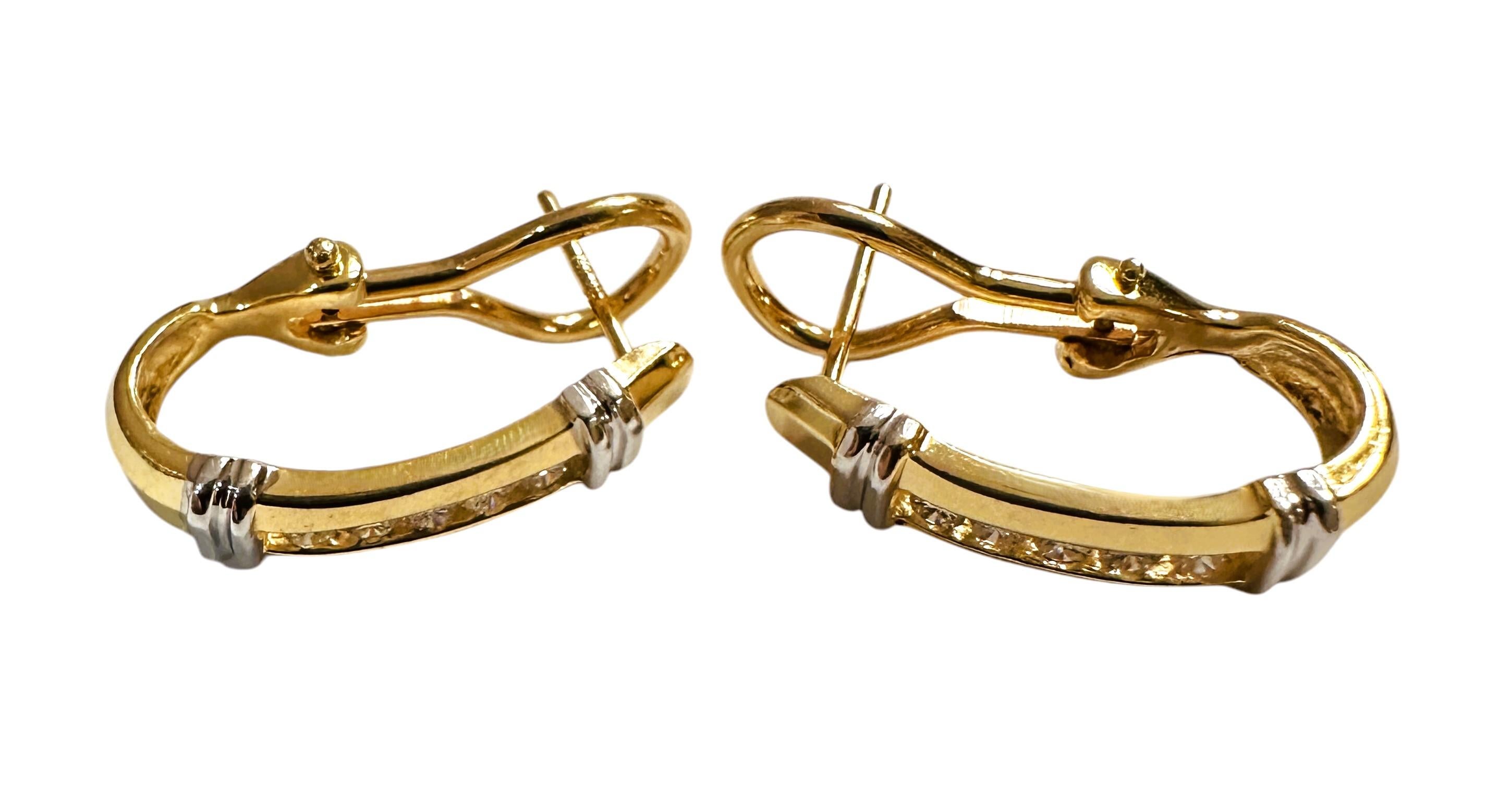 Art Deco 14k Yellow & White Gold .30 Carat Diamond Hoop Earrings Omega Backs For Sale