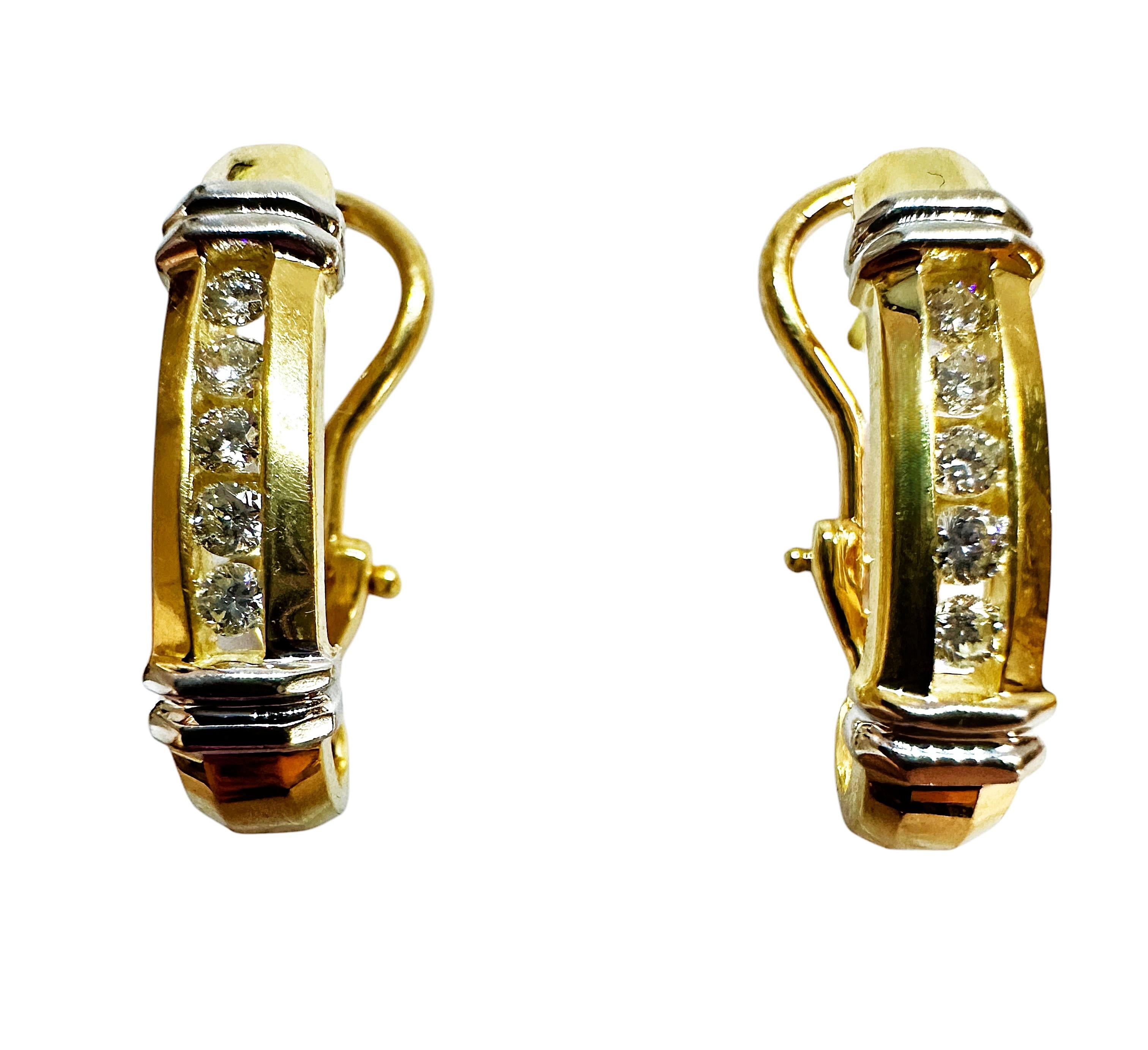 Brilliant Cut 14k Yellow & White Gold .30 Carat Diamond Hoop Earrings Omega Backs For Sale