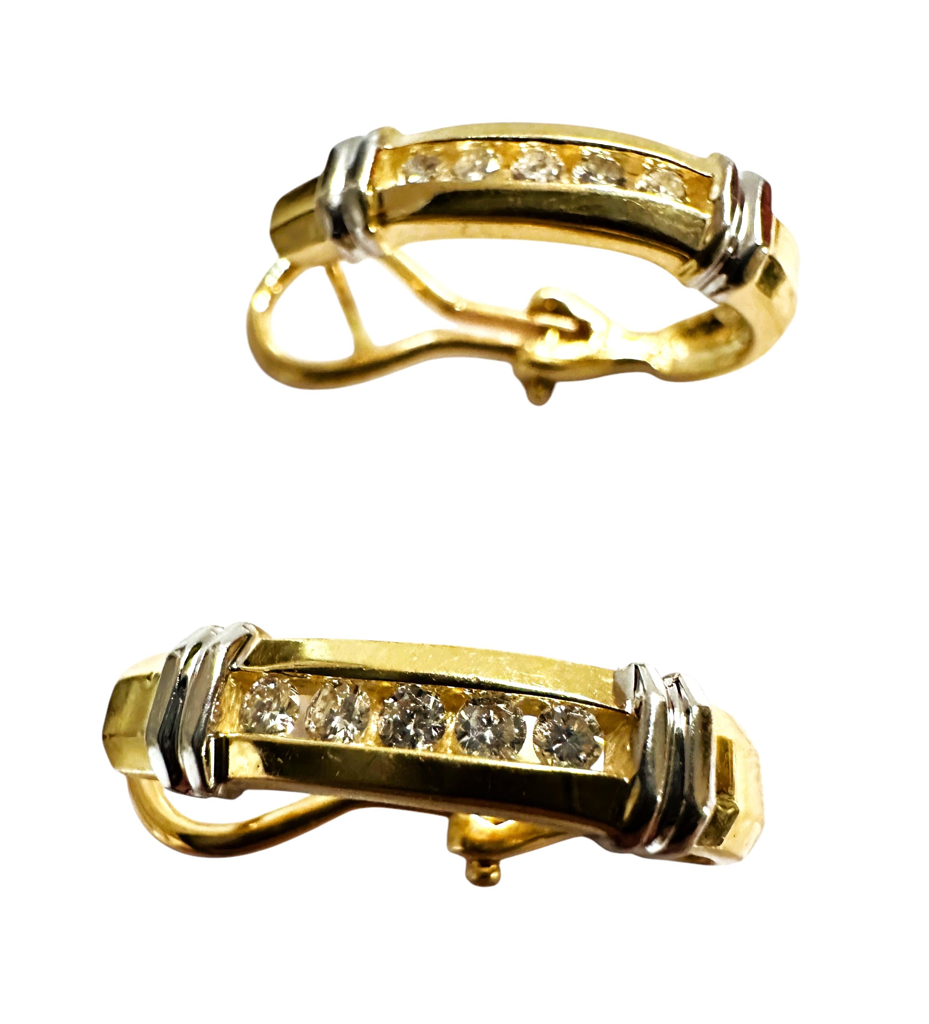 14k Yellow & White Gold .30 Carat Diamond Hoop Earrings Omega Backs In Excellent Condition For Sale In Eagan, MN