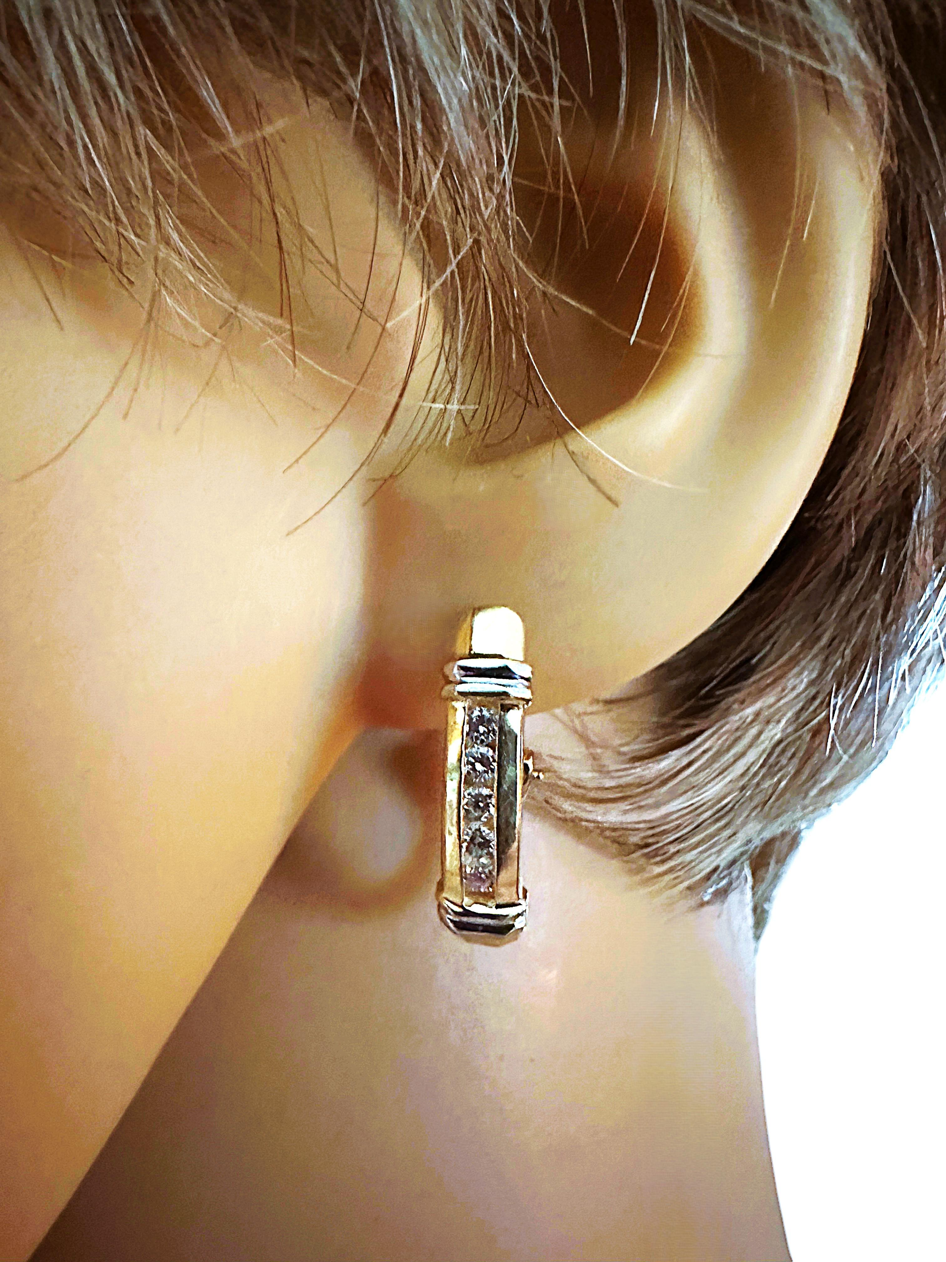 14k Yellow & White Gold .30 Carat Diamond Hoop Earrings Omega Backs For Sale 2