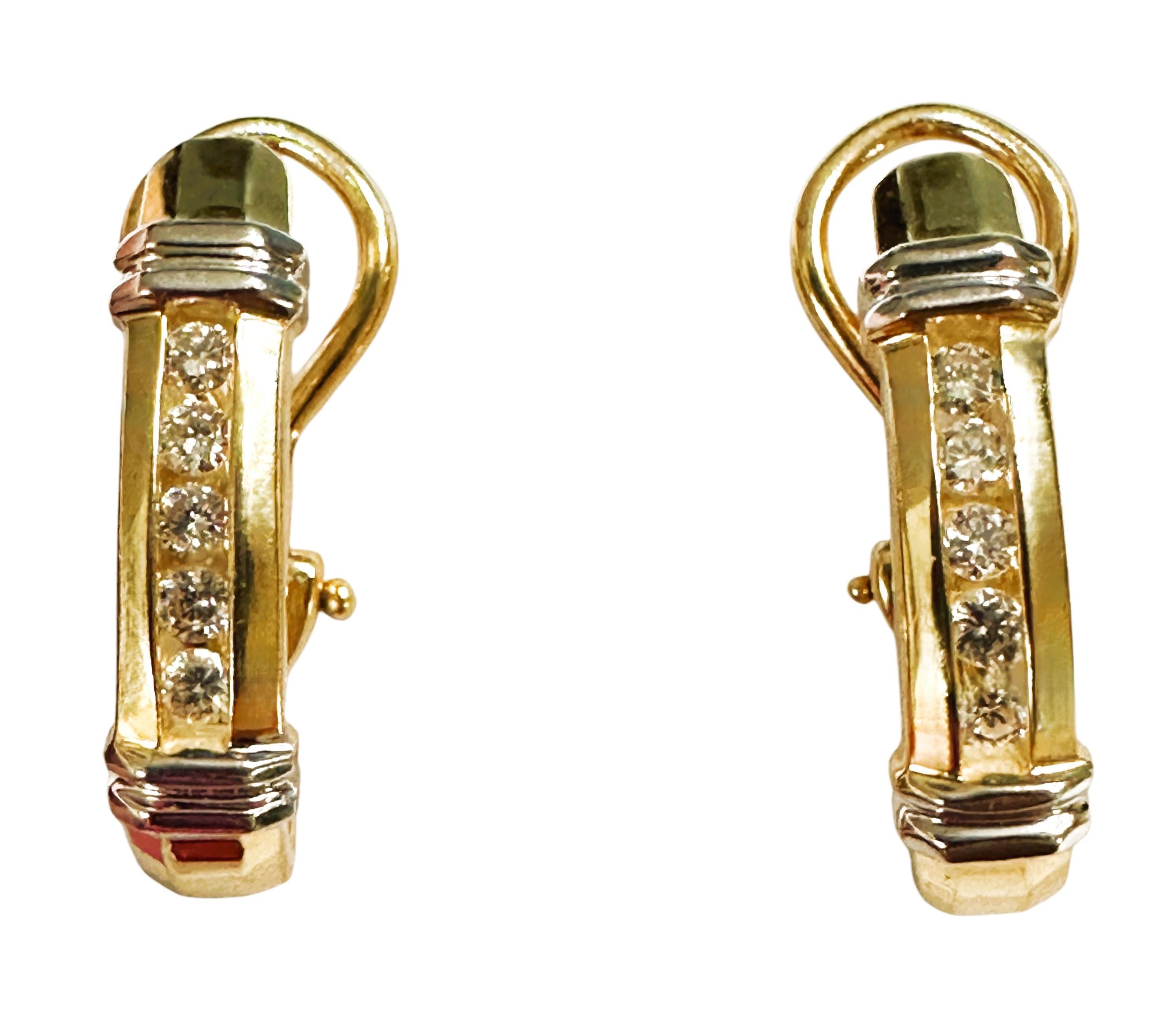 14k Yellow & White Gold .30 Carat Diamond Hoop Earrings Omega Backs For Sale 3