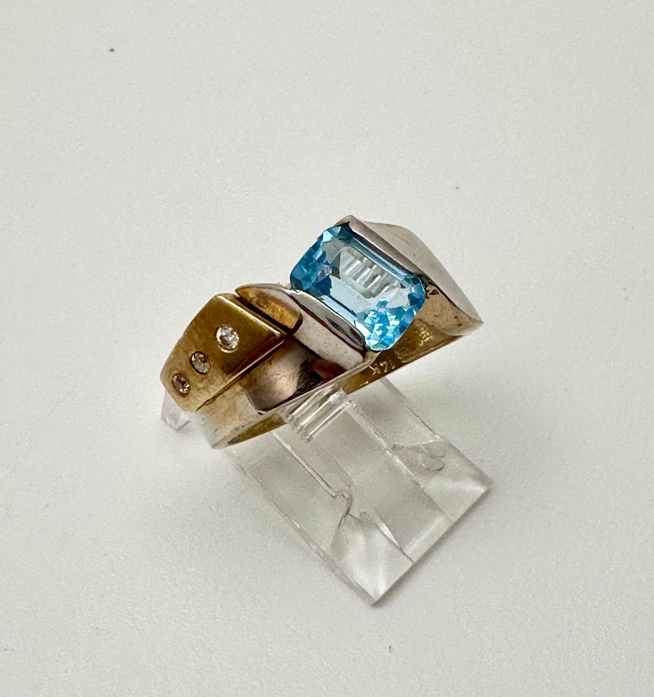 Modern 14k Yellow/White Gold 6mm x 8mm Emerald Cut Blue Topaz Diamond Ring Size  7 1/2 For Sale