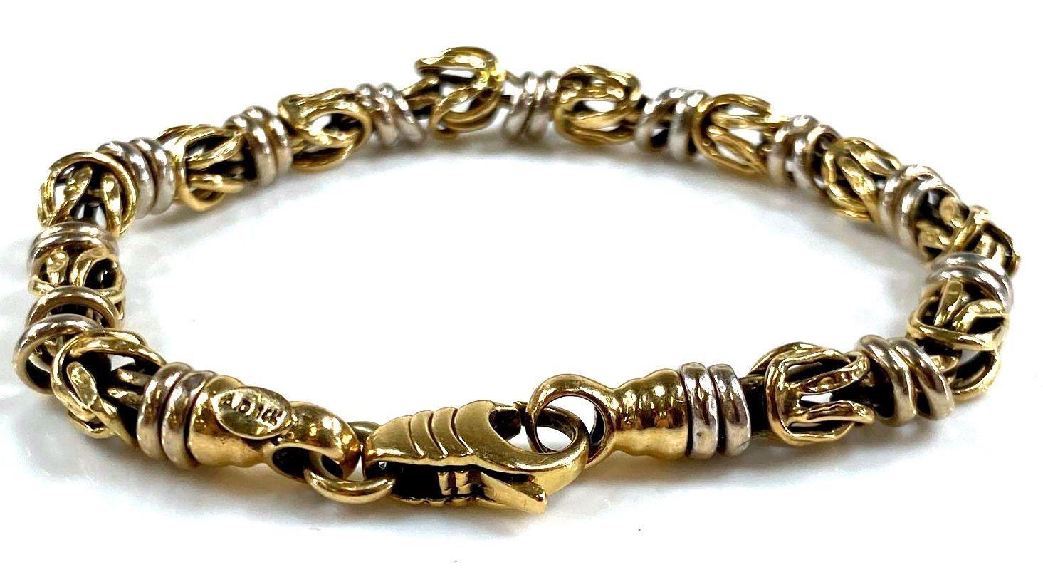 Art déco Bracelet de chaîne byzantine en or jaune et blanc 14K 7,5 pouces 11,09 grammes en vente