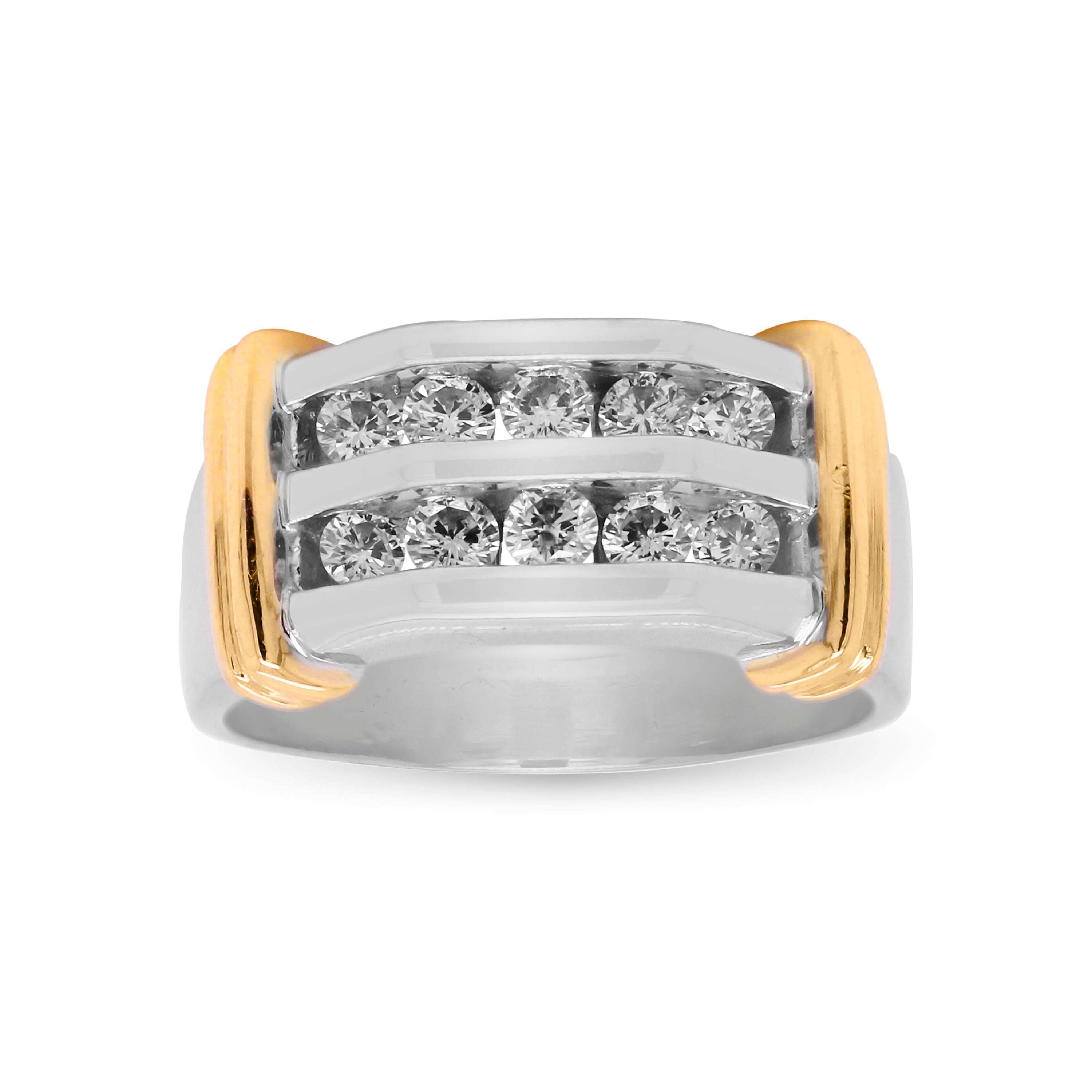 14K Yellow White Gold Channel Set Diamonds Mens Ring

Two rows of diamonds are channel set in the center. 10 diamonds total 

1 carat G color, VS clarity diamonds total weight. Each diamond is 0.10 carat

Ring is crafted in solid 14K white gold with