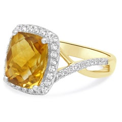 14K Yellow/White Gold Checkerboard Cushion Cut Citrine and Round Diamond Ring