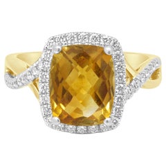 14K Yellow/White Gold Checkerboard Cushion Cut Citrine and Round Diamond Ring