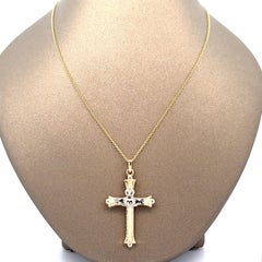 14k Yellow & White Gold Claddagh Textured Cross Pendant Necklace