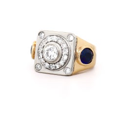 Bague pour homme de style cachet en or jaune et blanc 14 carats, sertie de diamants et de saphirs