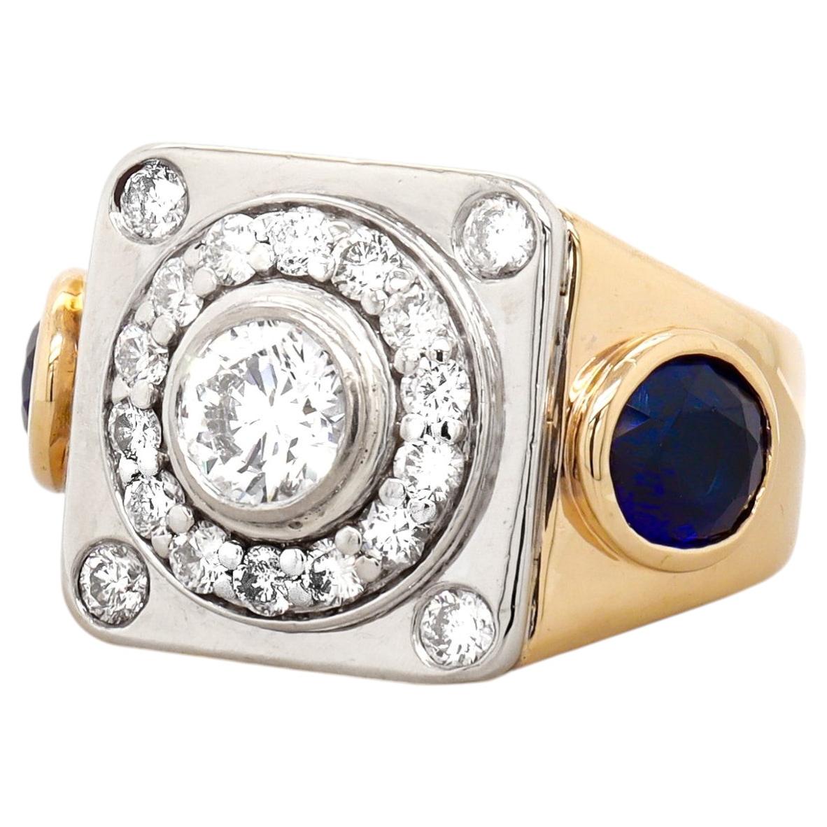 14K Yellow & White Gold, Diamond, and Sapphire Signet Style Men's Ring