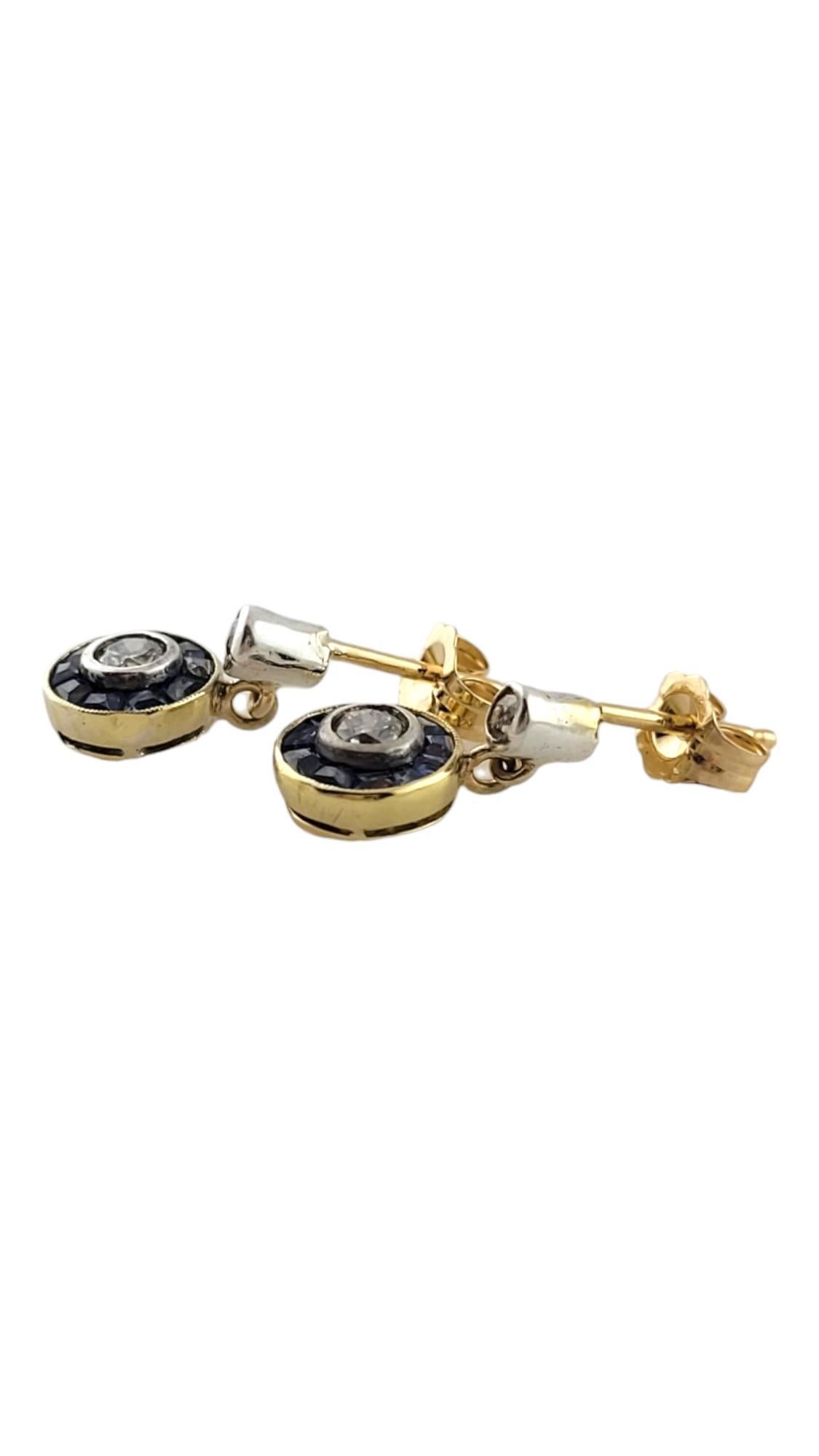 Round Cut 14K Yellow/White Gold Diamond & Natural Blue Sapphire Drop Dangle Earrings#18086 For Sale