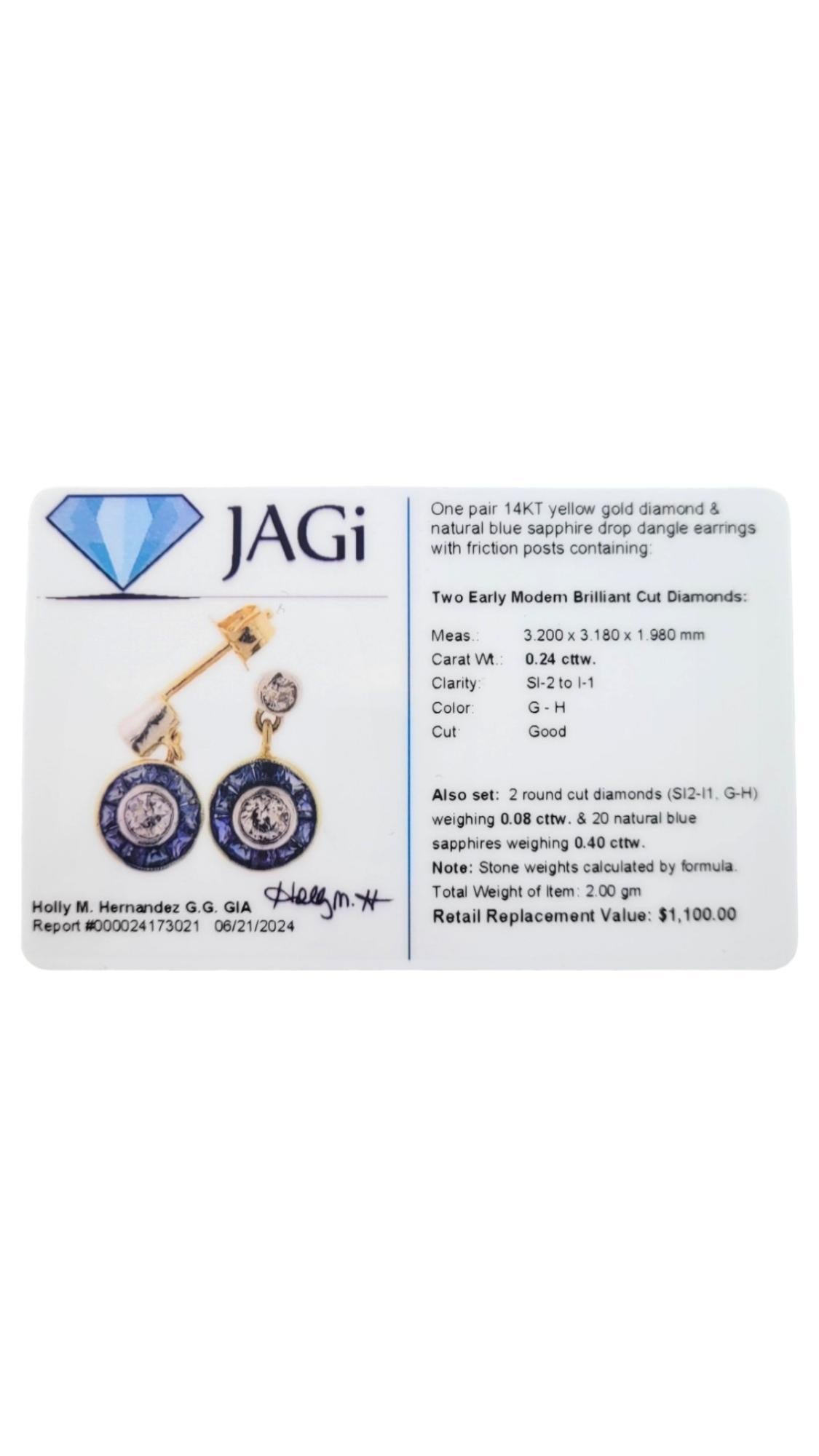 14K Yellow/White Gold Diamond & Natural Blue Sapphire Drop Dangle Earrings#18086 For Sale 3