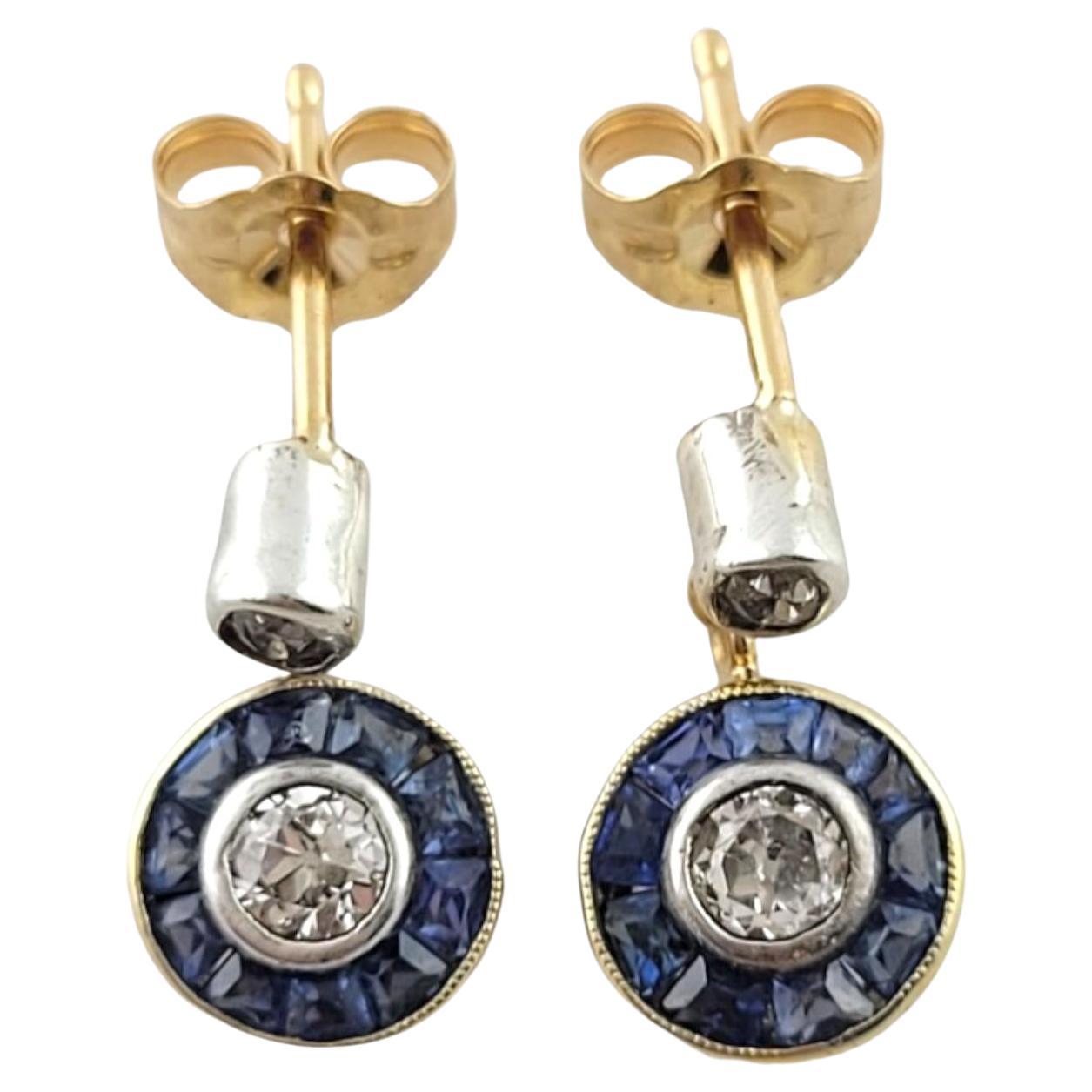 14K Yellow/White Gold Diamond & Natural Blue Sapphire Drop Dangle Earrings#18086