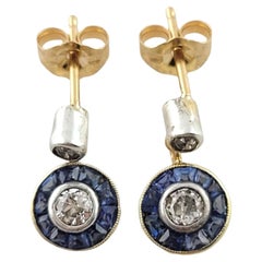 14K Yellow/White Gold Diamond & Natural Blue Sapphire Drop Dangle Earrings#18086