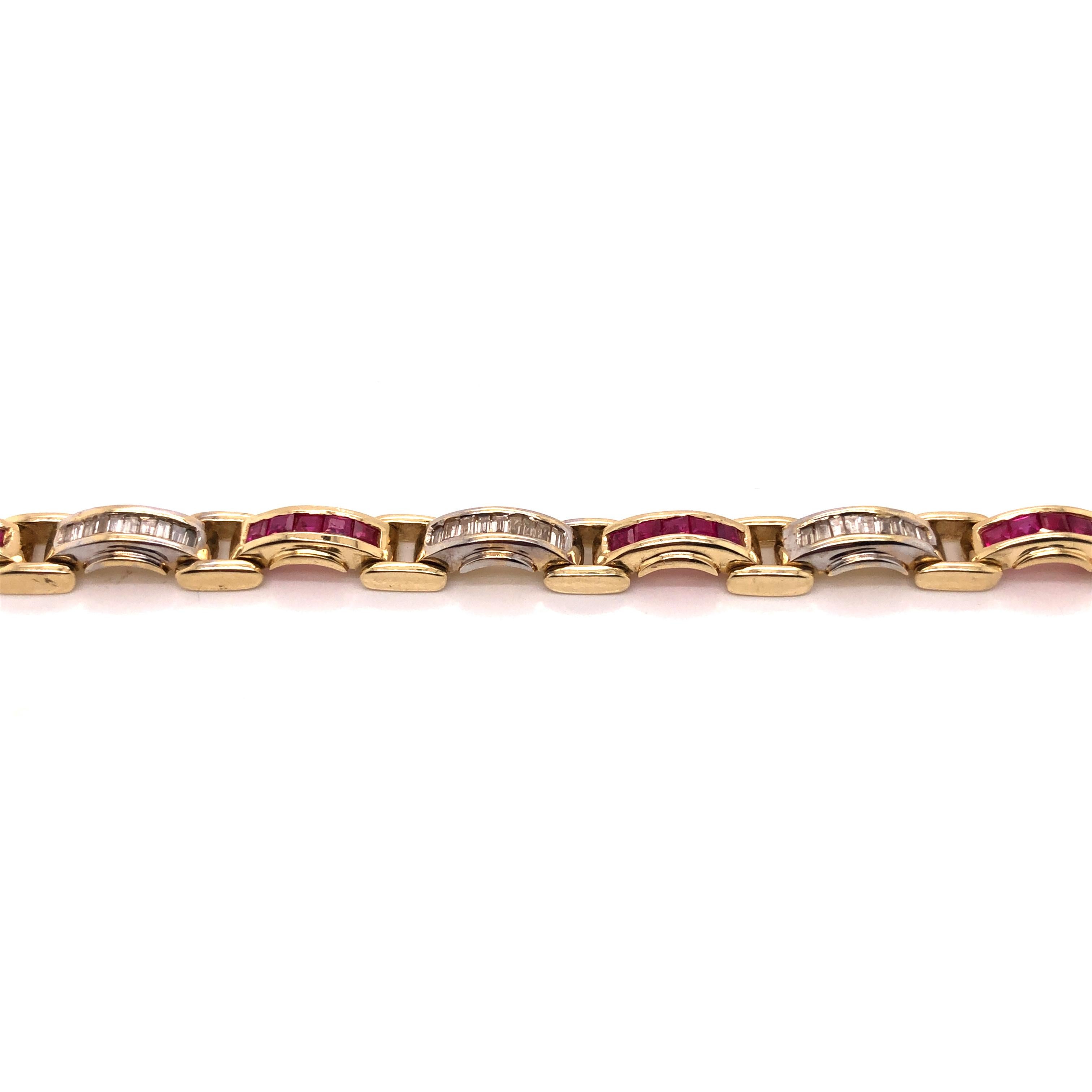 Baguette Cut 14 Karat Yellow and White Gold Diamond Ruby Bracelet For Sale