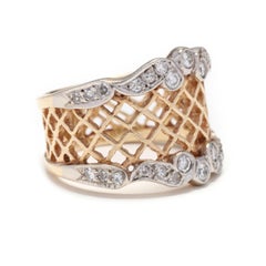 14K Yellow & White Gold Diamond Scroll Lattice Wide Band