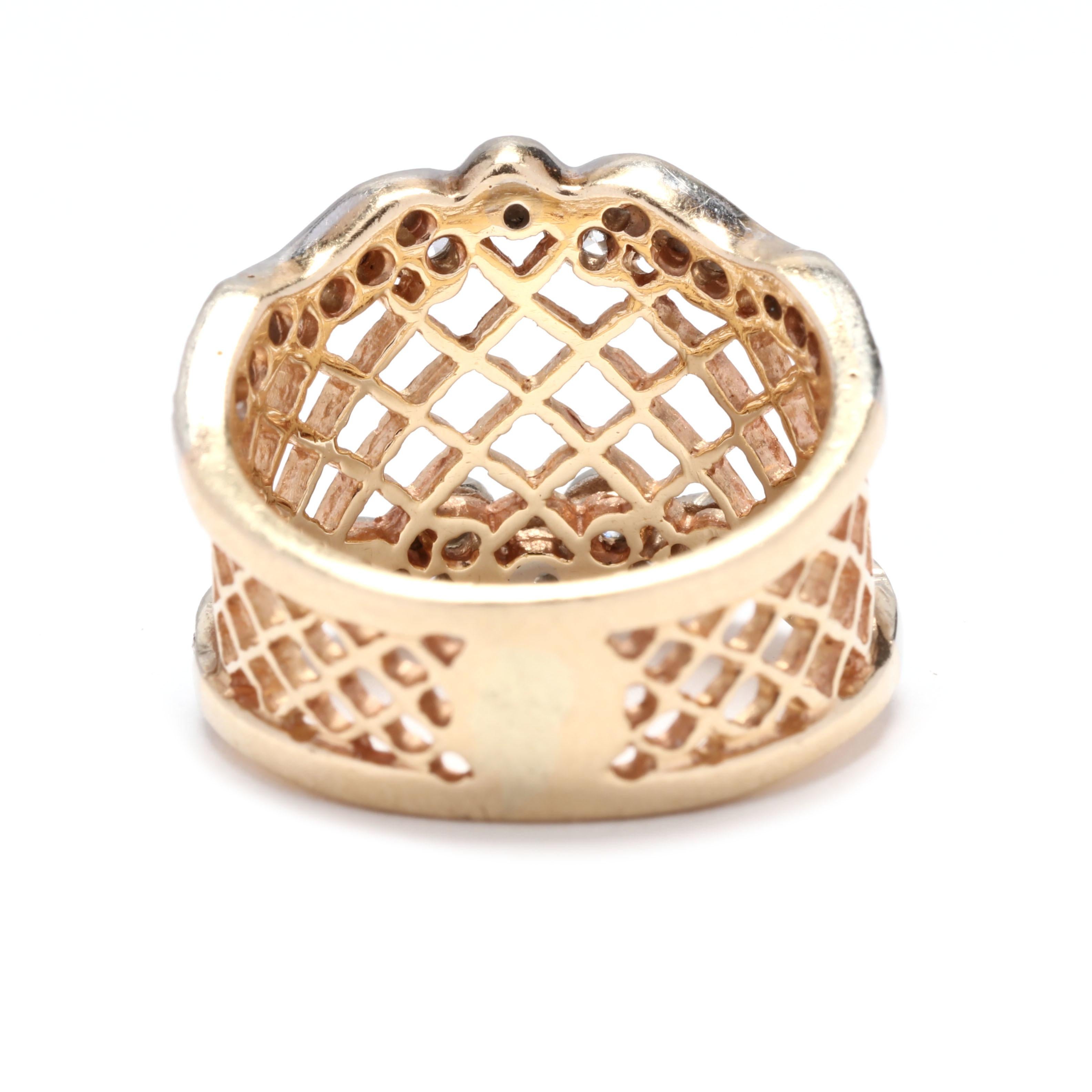 Round Cut 14K Yellow & White Gold Diamond Scroll Lattice Wide Band