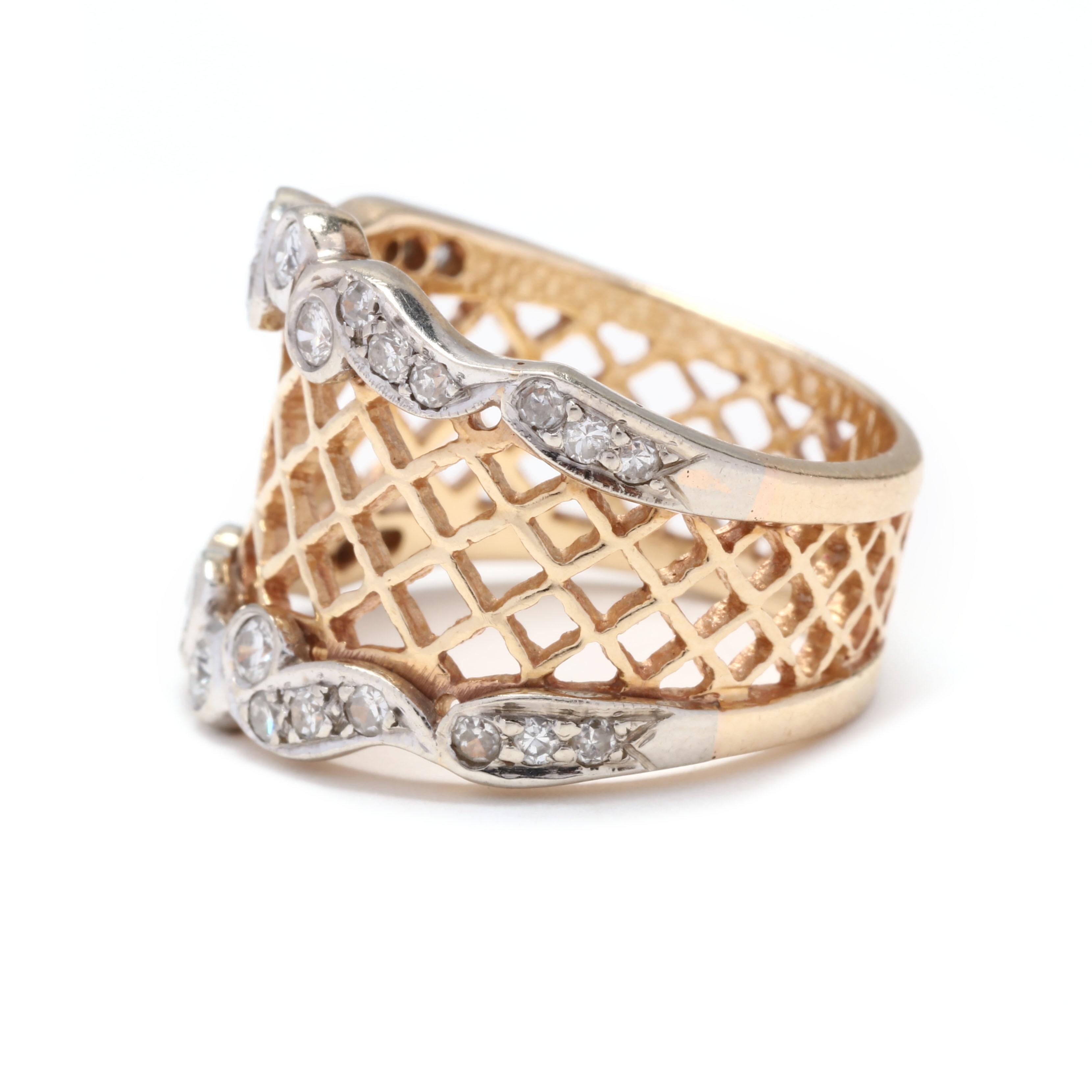 14K Yellow & White Gold Diamond Scroll Lattice Wide Band In Good Condition In McLeansville, NC