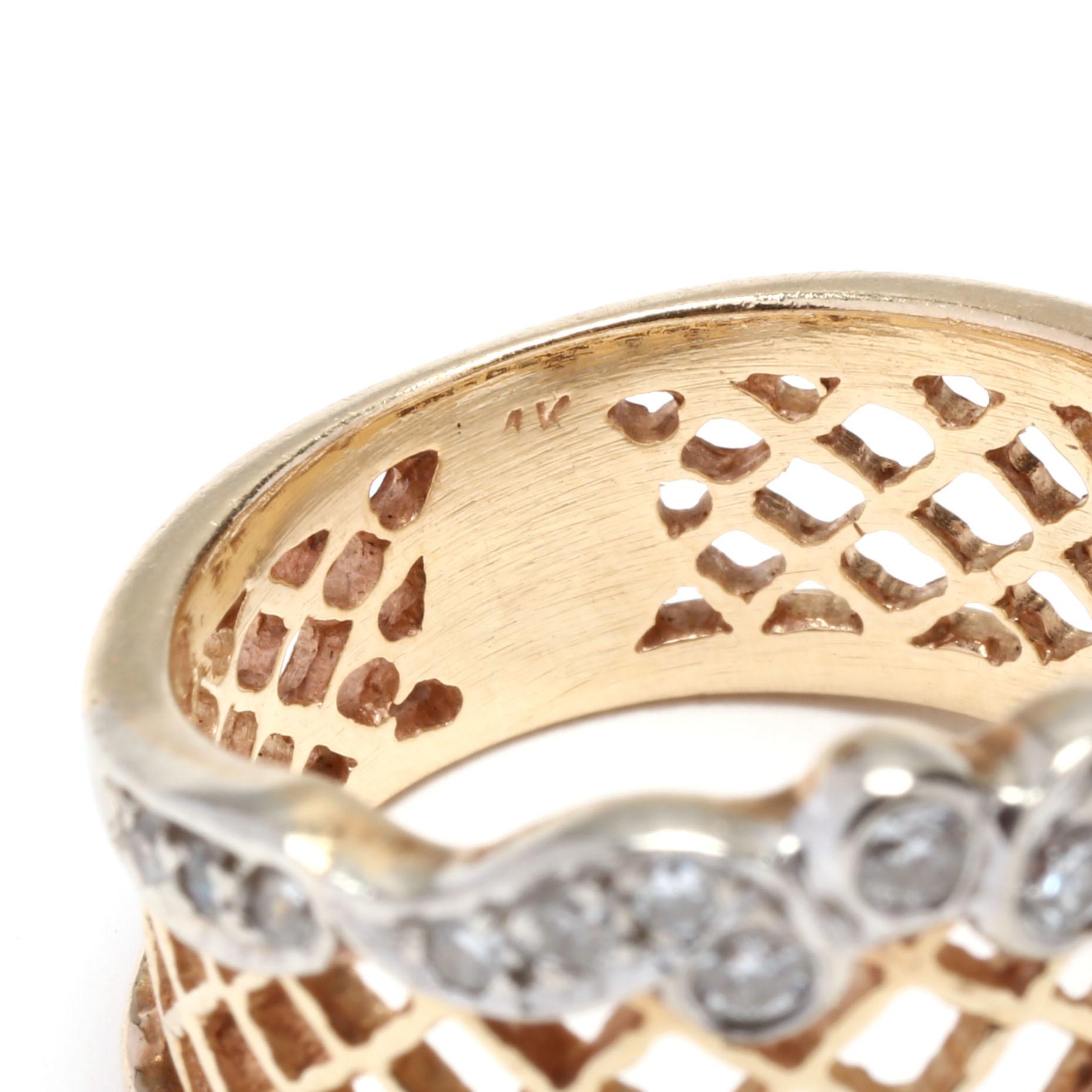 Women's or Men's 14K Yellow & White Gold Diamond Scroll Lattice Wide Band