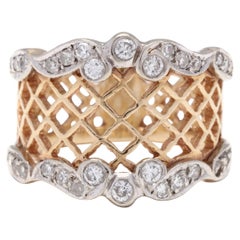 14K Yellow & White Gold Diamond Scroll Lattice Wide Band