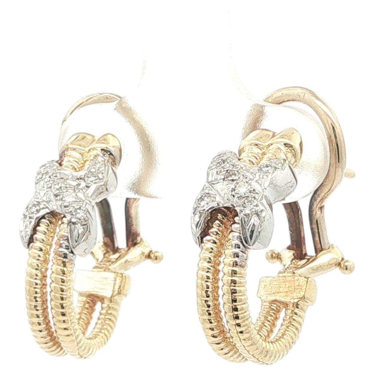 14k Yellow & White Gold Diamond "X" Shape Twisted Cable Cuff Hoop Omega Earrings