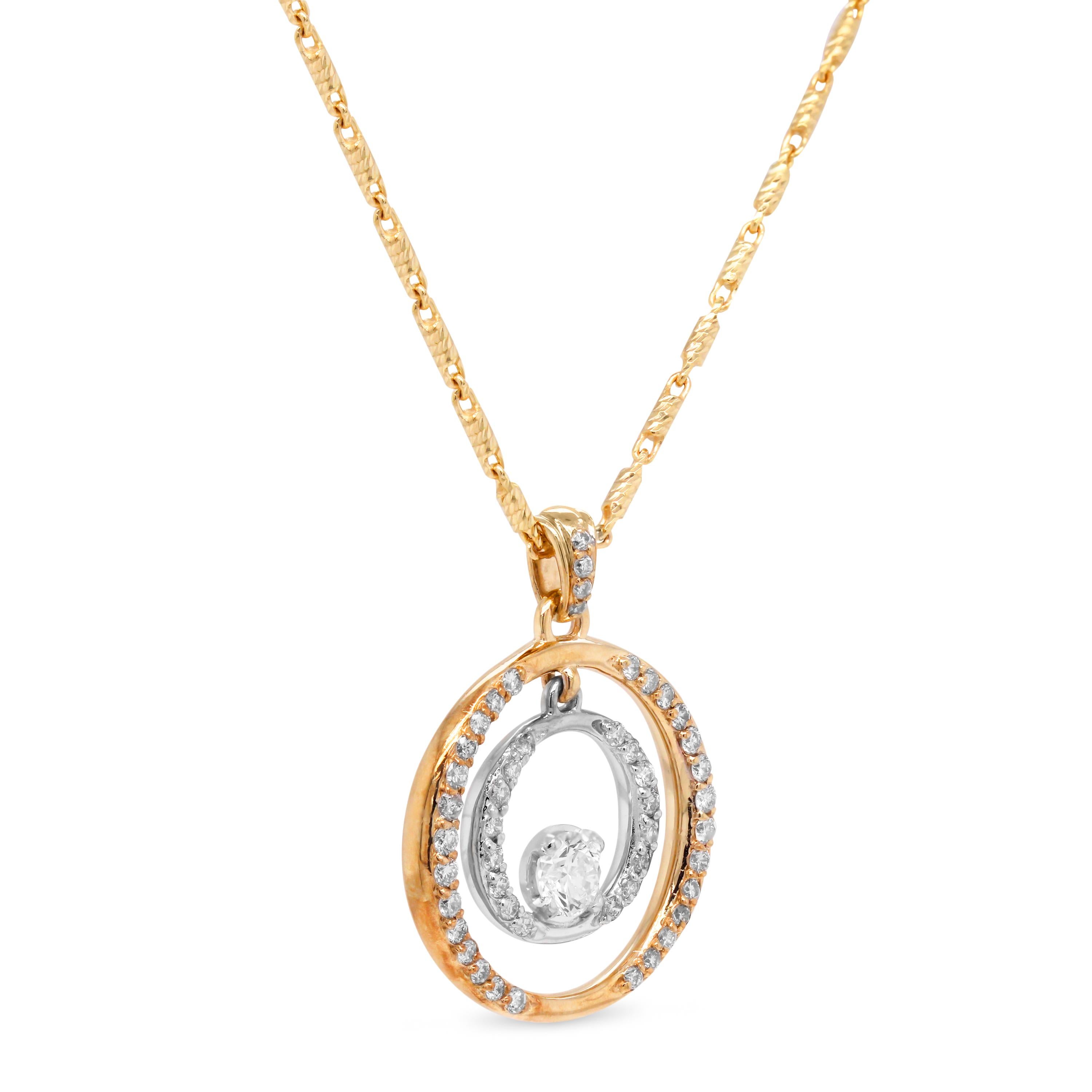 14K Yellow White Gold Diamonds 0.40 Carat Center Circle Pendant Chain Necklace

1.28 carat G color, VS clarity diamonds total weight. 0.40 carat diamond center.

This two-tone gold necklace features a 14K yellow gold chain with a two circle pendant