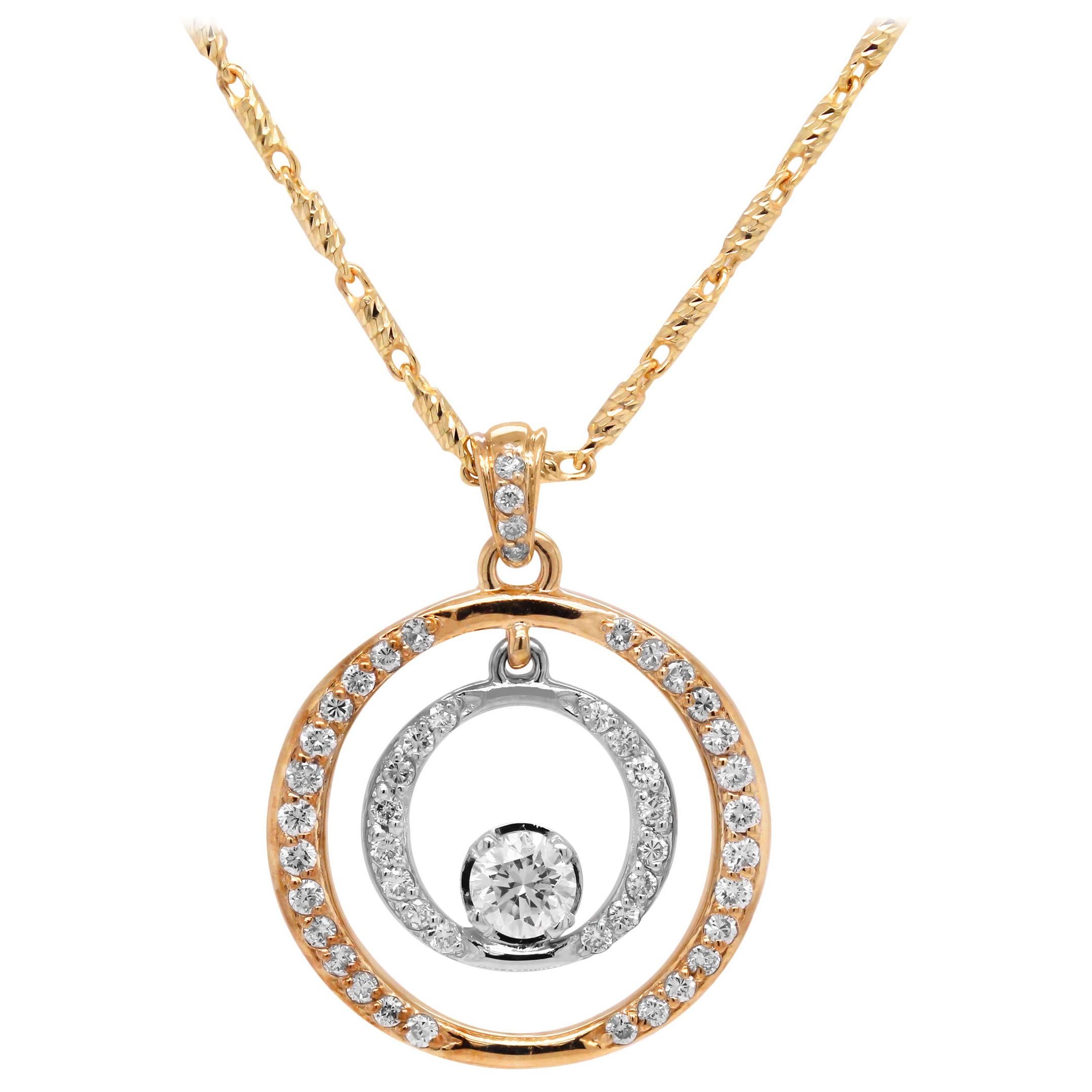 14K Yellow White Gold Diamonds 0.40 Carat Center Circle Pendant Chain Necklace