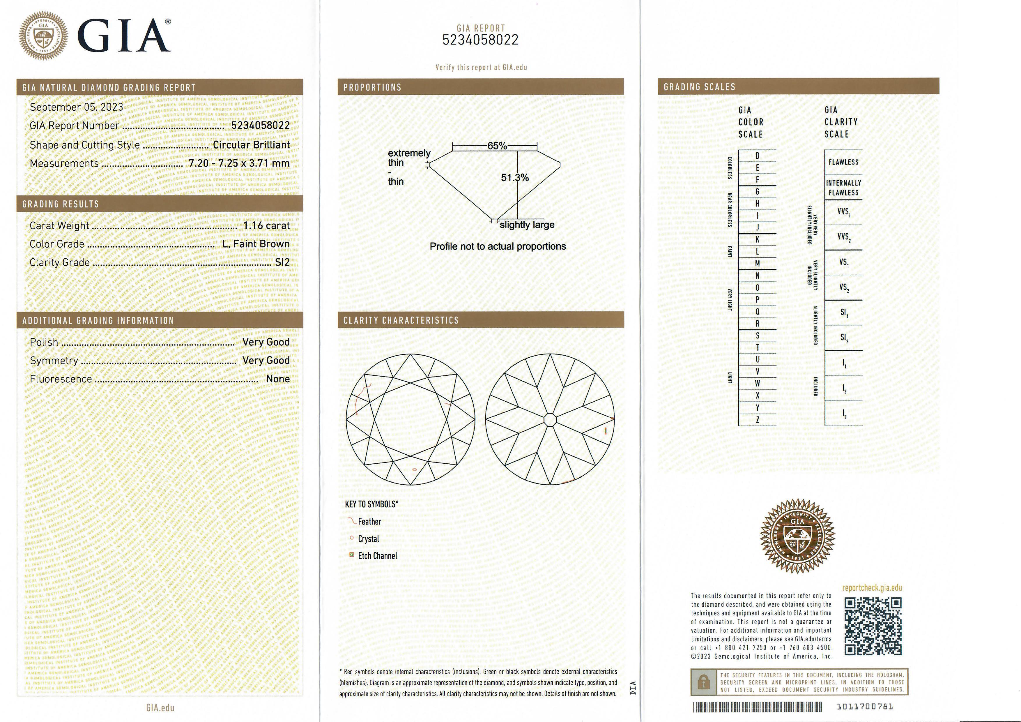--Stone(s):--
(1) Natural Genuine Diamond - Circular Brilliant Cut - 6 Prong Set- L Color - SI2 Clarity - 1.16ct (exact - certified)
** See Certification Details Below for Complete Info **
(6) Natural Genuine Diamonds - Baguette Cut - Channel Set -