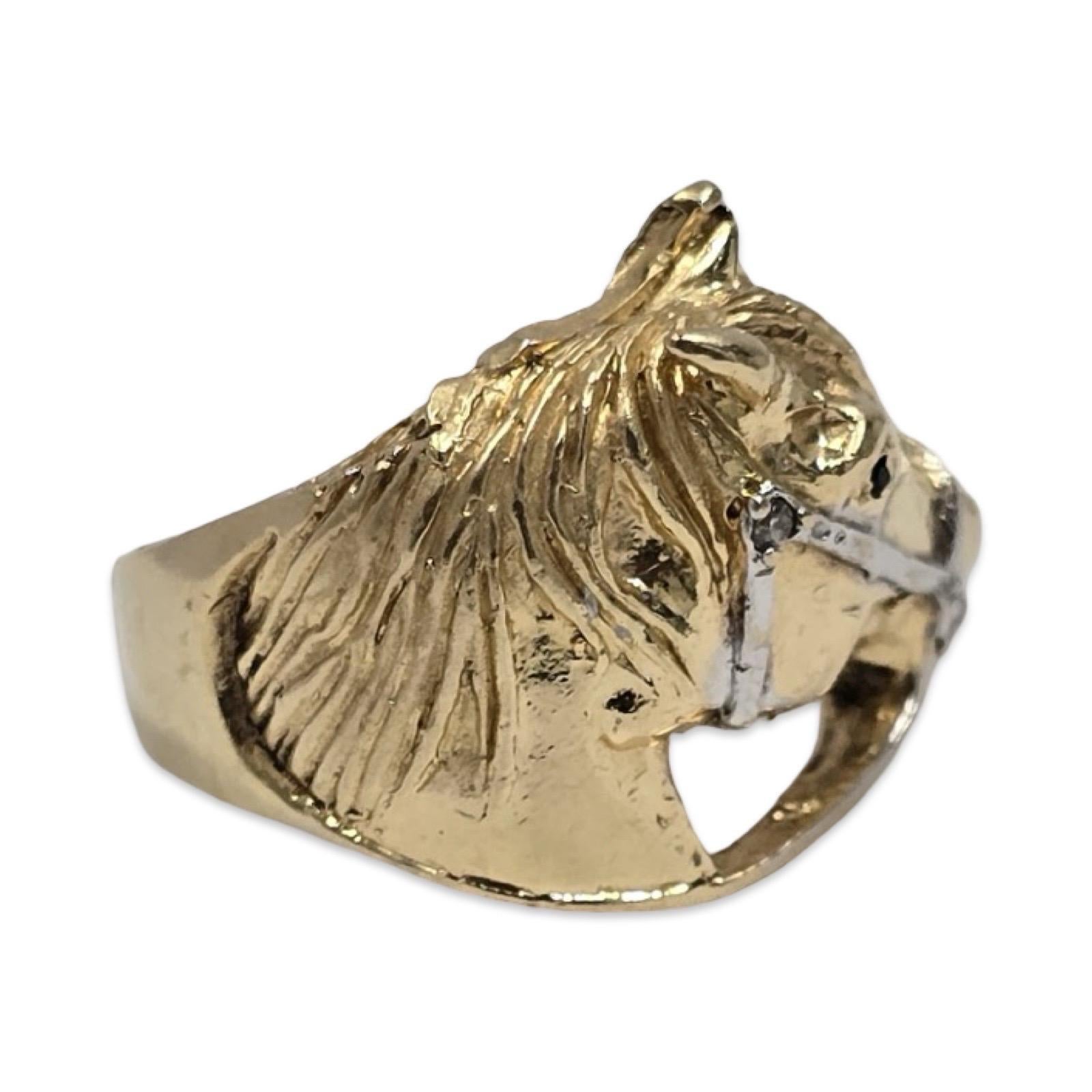 Anello equestre con testa di cavallo in oro giallo e bianco 14K in vendita 4