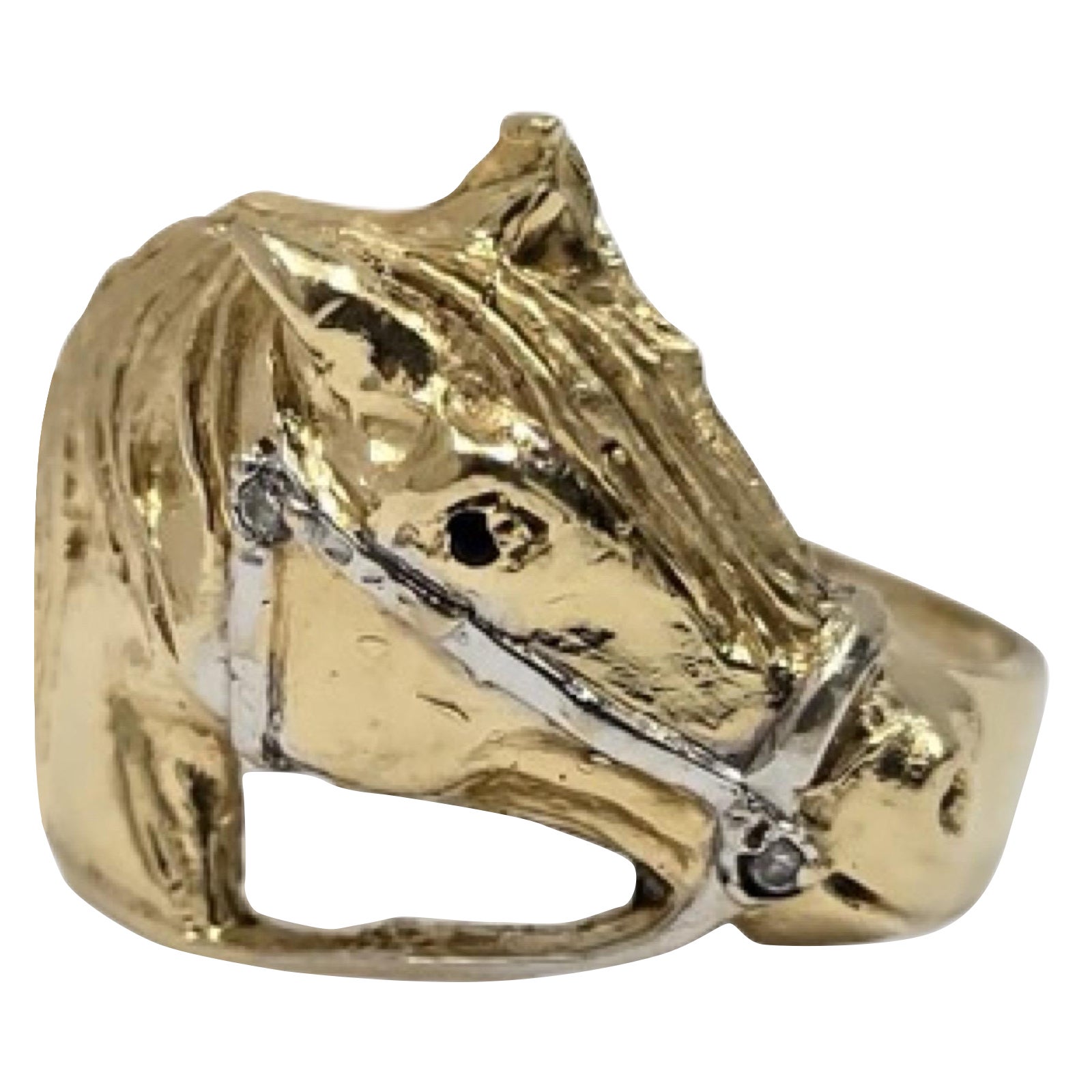 Anello equestre con testa di cavallo in oro giallo e bianco 14K