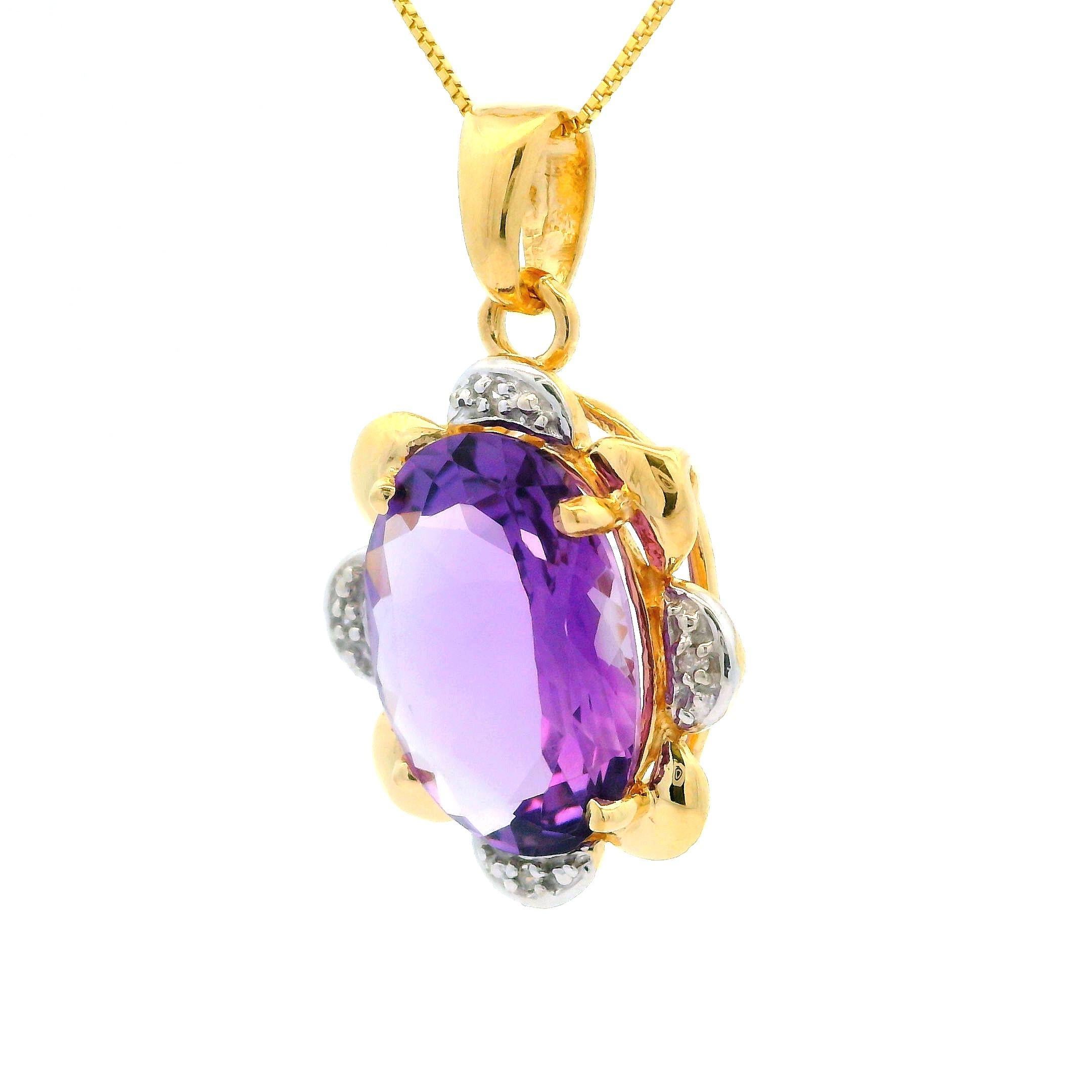 Donna Collana con ciondolo ovale con ametista e diamante in oro giallo e bianco 14k in vendita