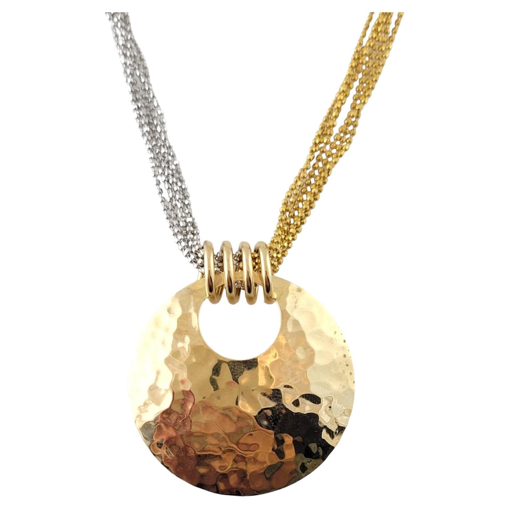 14K Yellow & White Gold Multi Chain Hammered Pendant Necklace 

This breathtaking necklace is crafted from multiple 14K yellow and white gold chains with a gorgeous, hammered pendant!

Chain length: 17
