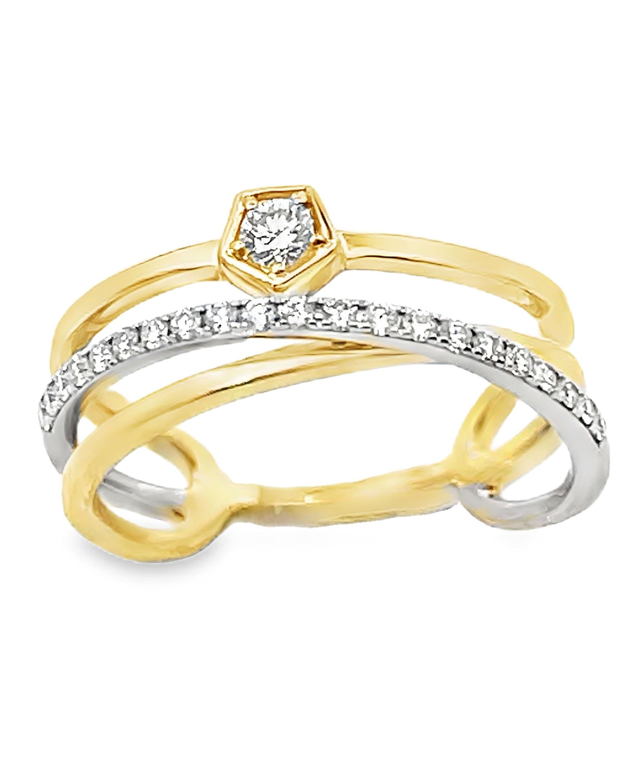 Taille ronde Bague en or jaune et blanc 14K à plusieurs rangs de diamants tissés 0,24 carats en vente