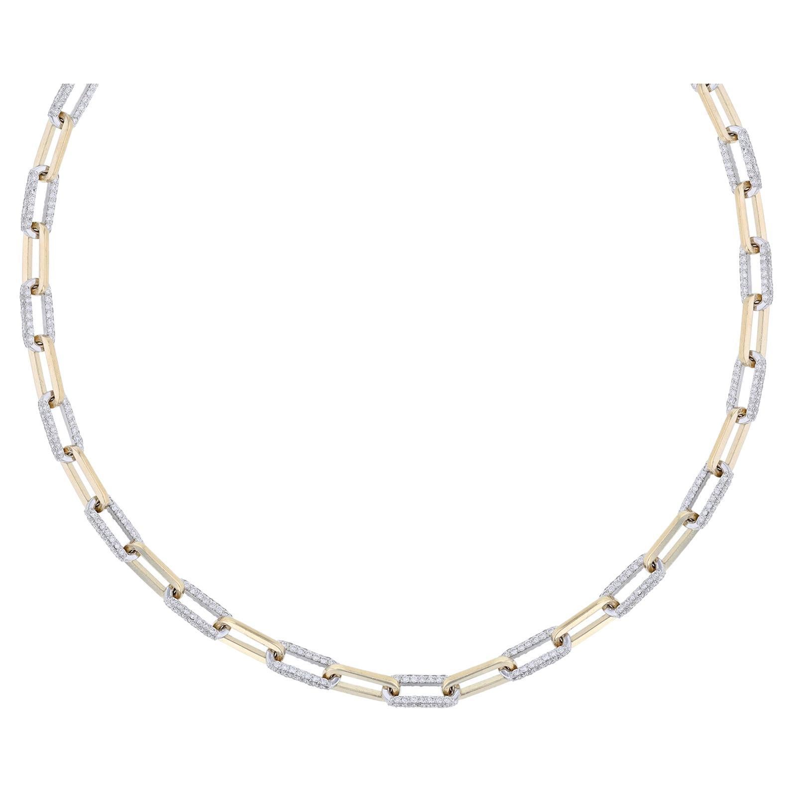 14K Yellow & White Gold Paper Clip Chain Diamond Necklace, 7.80 Carat For Sale
