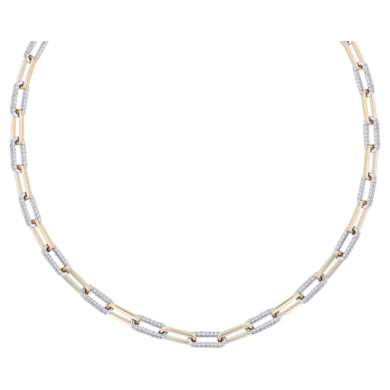 14K Yellow and White Gold Paper Clip Chain Diamond Necklace, 7.80 Carat