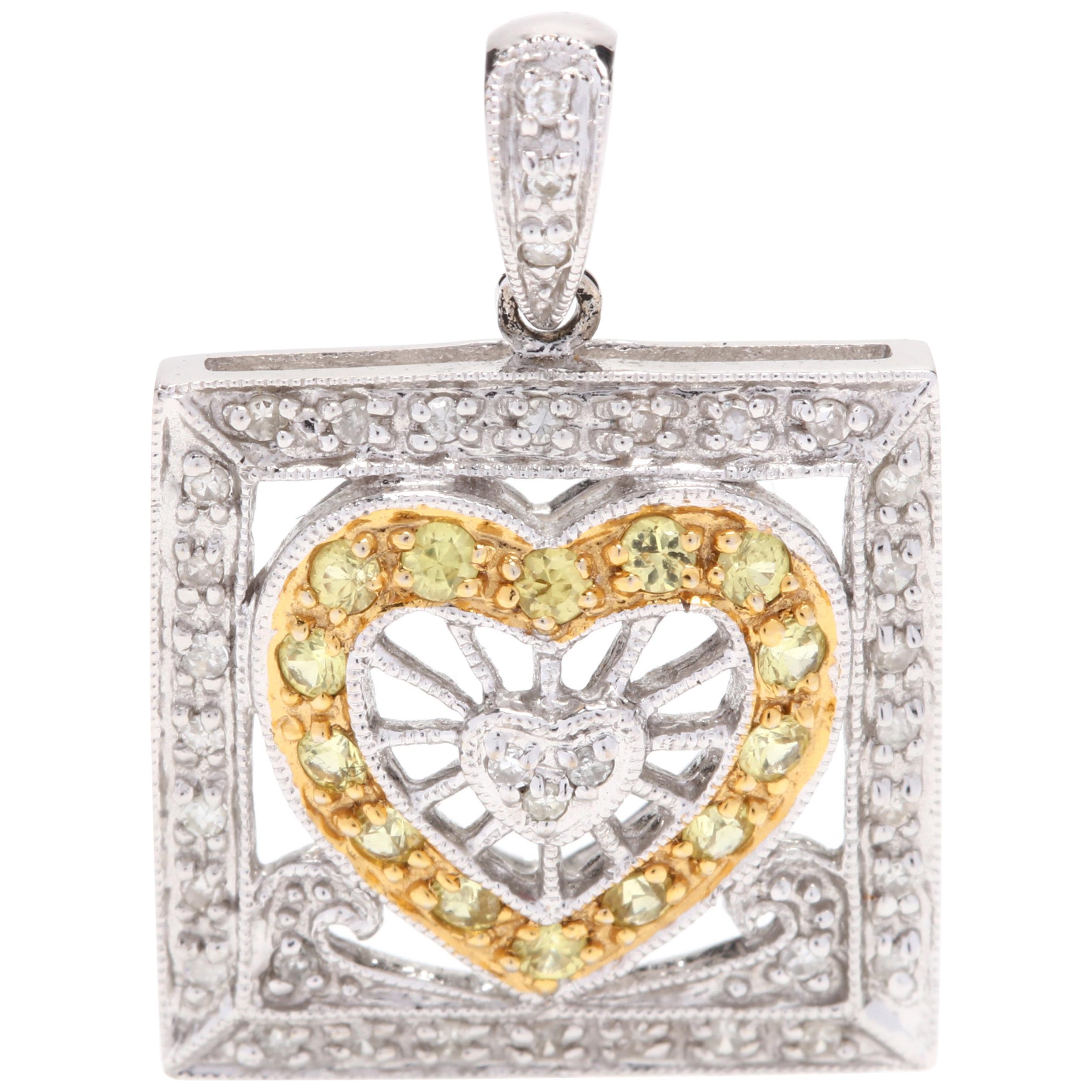 14k Yellow White Gold Rectangular Diamond- Yellow Sapphire Heart Charm, Pendant