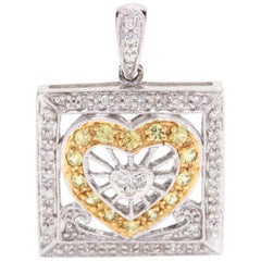 14k Yellow White Gold Rectangular Diamond- Yellow Sapphire Heart Charm, Pendant