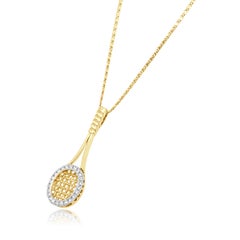 14K Yellow / White Gold Round Diamond Tennis Racket Pendant Necklace