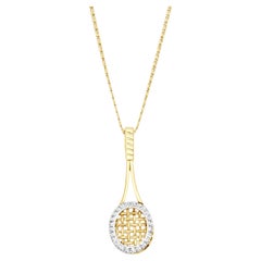 14K Yellow / White Gold Round Diamond Tennis Racket Pendant Necklace