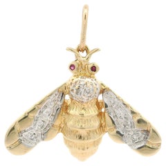 14k Yellow & White Gold Round Ruby Diamond Detailed Bumble Bee Moth Pendant