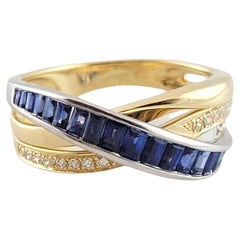 14K Yellow White Gold Sapphire Diamond Cross Over Ring Size 5.25 #21225