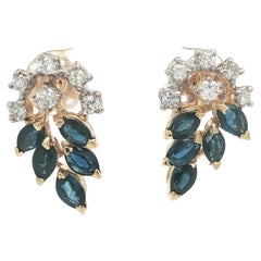 14k Gelb & Weißgold Saphir mit Diamant Cluster Tropfen Traube Ohrringe