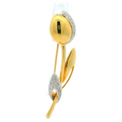 Broche tulipe en or jaune et blanc 14k à diamant unique poli