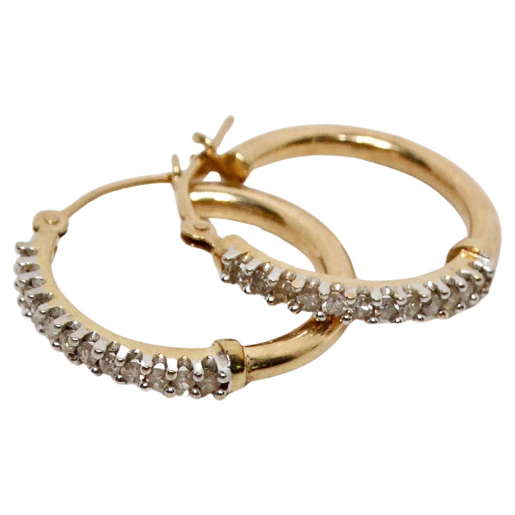 14k Yellow & White Gold Small Hoop Earrings With Diamonds