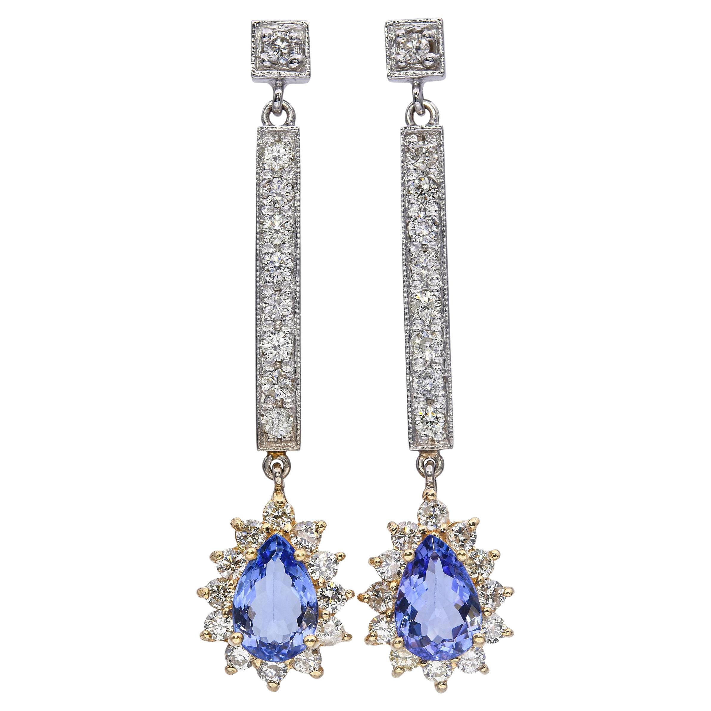 14k Yellow & White Gold Tanzanite Diamond Dangle Earrings For Sale