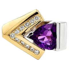 14k Yellow & White Gold Trillion Amethyst w/ Diamond Matte Finish Chevron Ring