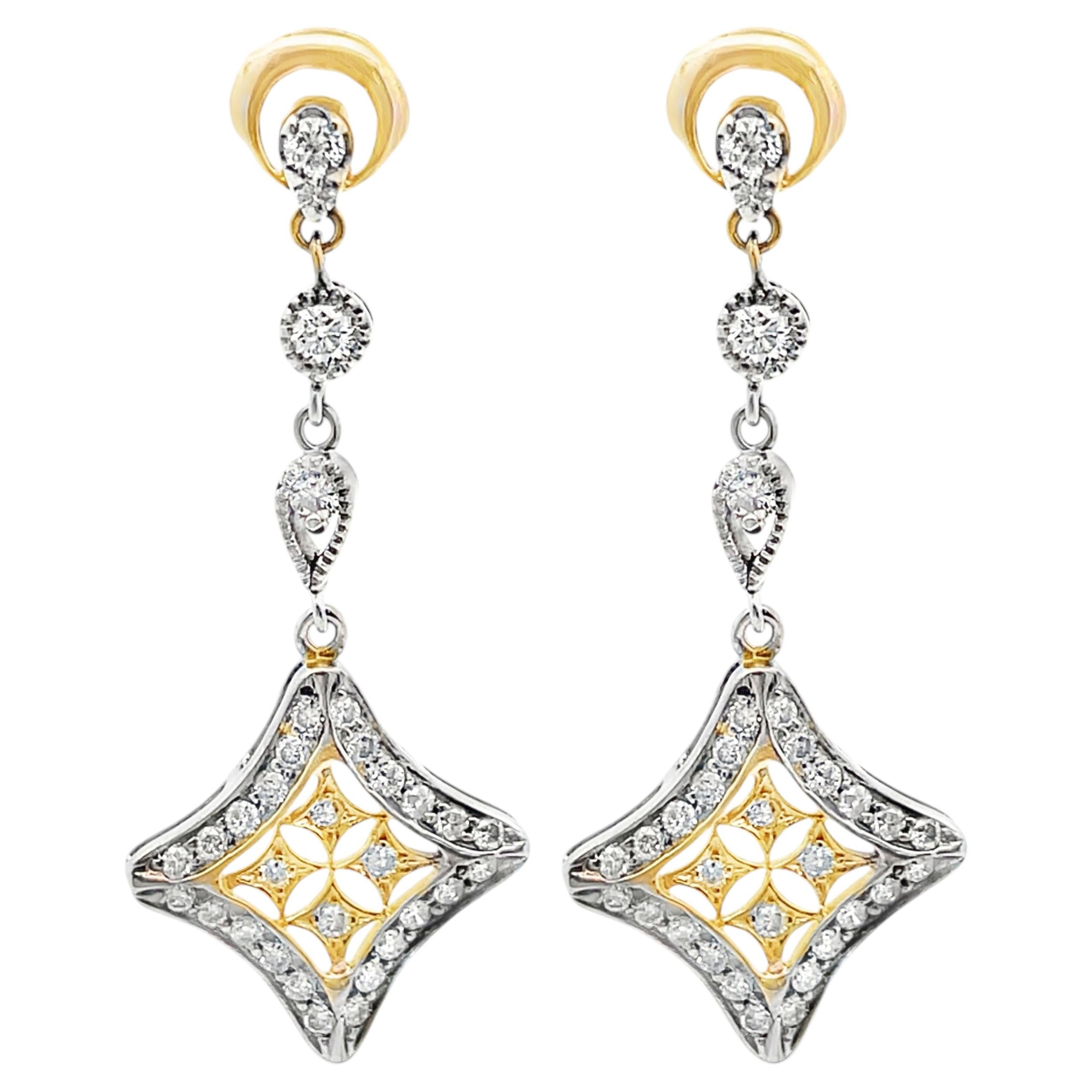 14k Yellow & White Gold Two Tone Diamond Shape Drop Earrings 0.75 Ct Diamonds