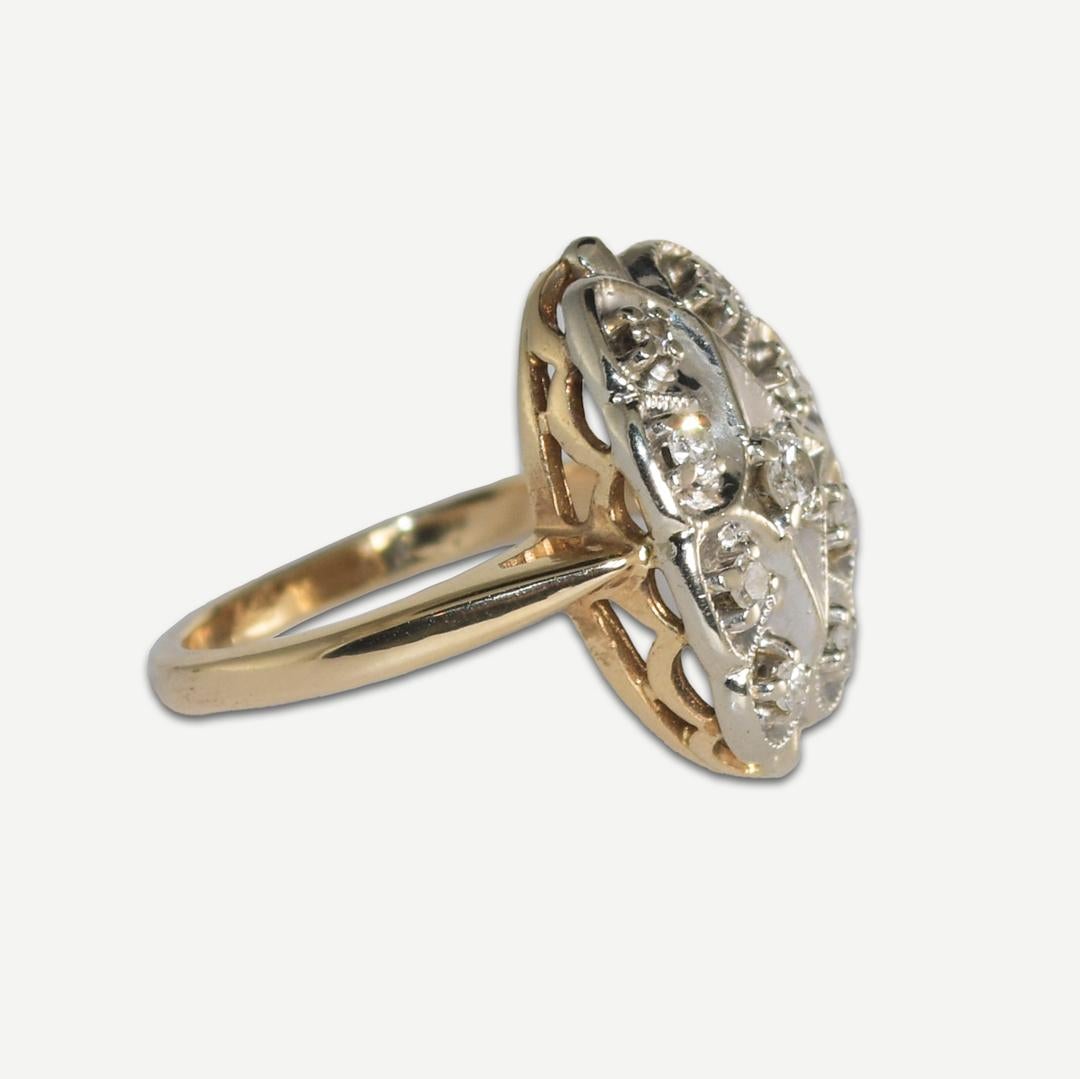 Anillo en racimo de diamantes vintage de oro amarillo y blanco de 14 quilates 0,25 ct Corte redondo