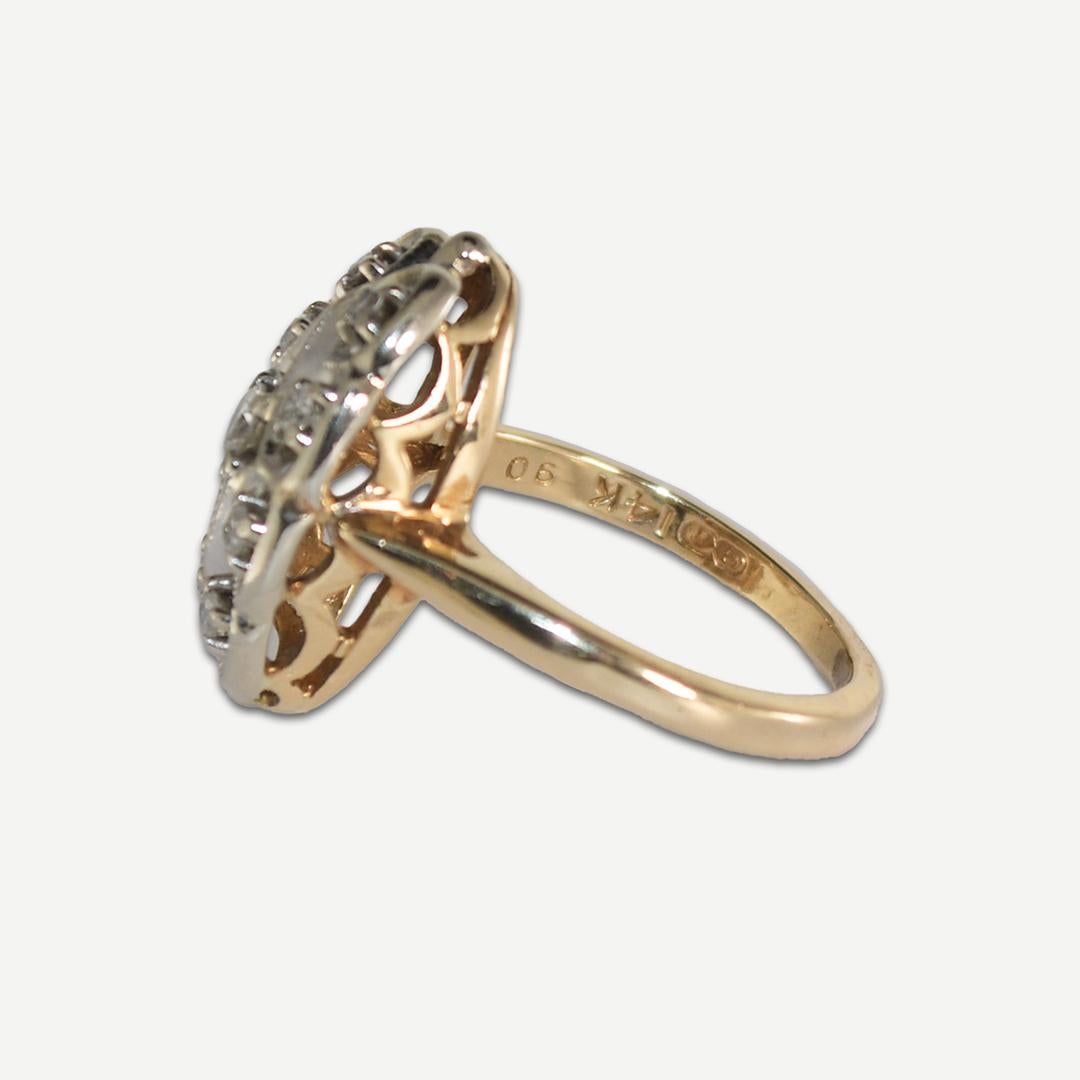 Femenino o masculino Anillo en racimo de diamantes vintage de oro amarillo y blanco de 14 quilates 0,25 ct