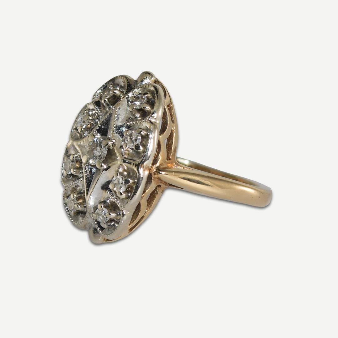 Anillo en racimo de diamantes vintage de oro amarillo y blanco de 14 quilates 0,25 ct 1